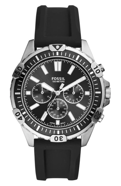 Shop Fossil Garrett Chronograph Silicone Strap Watch, 44mm In Black/ Silver