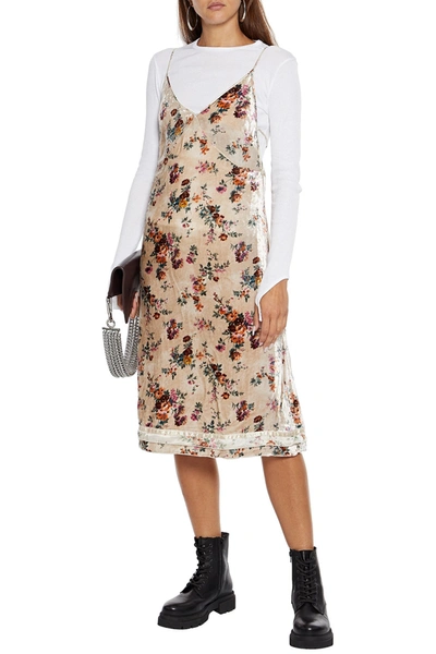 Shop R13 Satin-trimmed Floral-print Crushed-velvet Midi Slip Dress In Beige