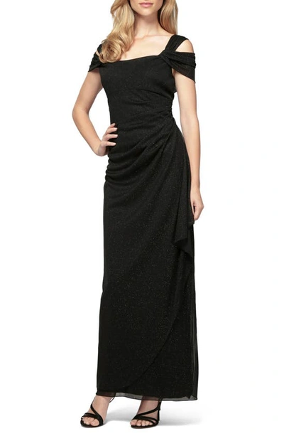 Shop Alex Evenings Cold Shoulder Ruffle Glitter Chiffon Gown In Black