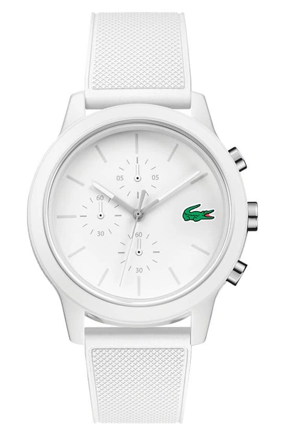 Shop Lacoste 12.12 Chronograph Silicone Band Watch, 44mm In White