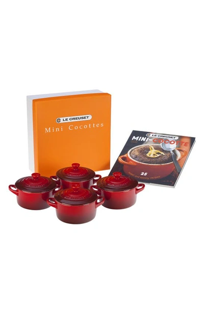 Le Creuset Four Mini Cocottes With Cookbook In Cerise