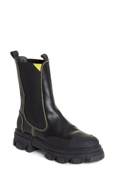 Shop Ganni Calf Leather Mid Chelsea Boot In Black/yellow