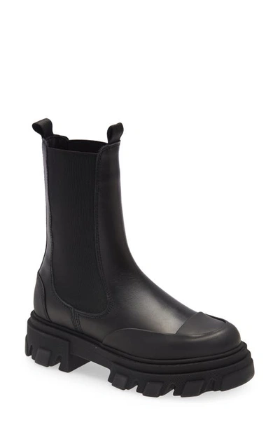 Shop Ganni Calf Leather Mid Chelsea Boot In Black