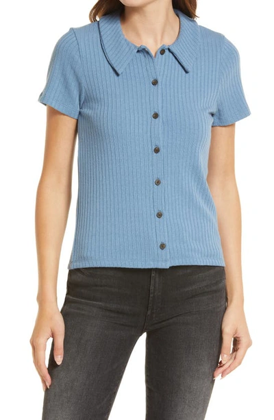 Shop Madewell Rib Polo Button-front Tee In Distant Ocean