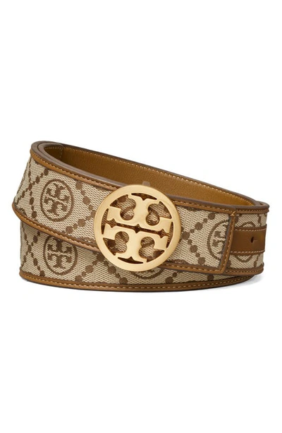 Shop Tory Burch T Monogram Jacquard & Leather Reversible Belt In Hazel