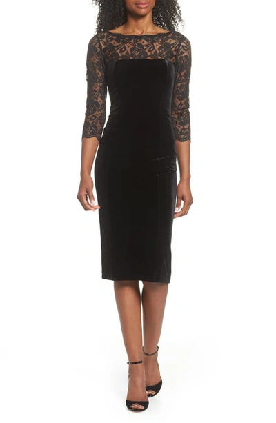 Eliza J Petite Lace-trim 3/4-sleeve Velvet Dress In Black