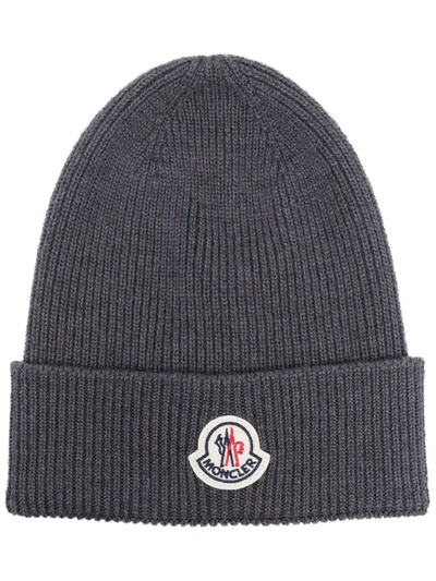 Shop Moncler Logo-patch Knitted Beanie Hat In Grau