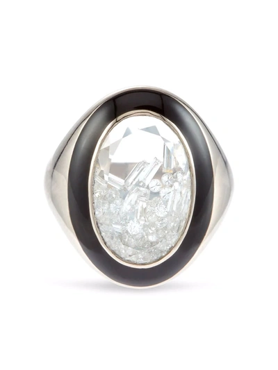Shop Moritz Glik Palladium Shaker Enamel Diamond Signet Ring In Silber