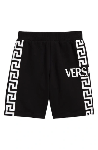 Shop Versace Kids' Greca Logo Cotton Shorts In Black White