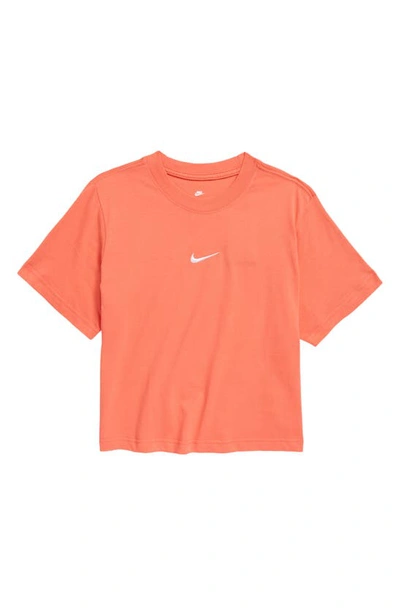 Shop Nike Sportswear Kids' Essential Boxy Embroidered Swoosh T-shirt In Magic Ember/ White