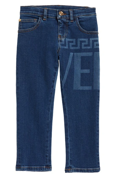 Shop Versace Kids' Greca Logo Jeans In Medium Blue