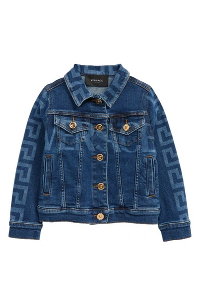 Shop Versace Kids' Greca Logo Denim Jacket In Medium Blue