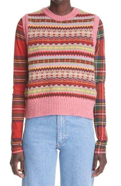 Shop Molly Goddard Bibi Fair Isle Wool Sweater Vest In Pink Fair Isle