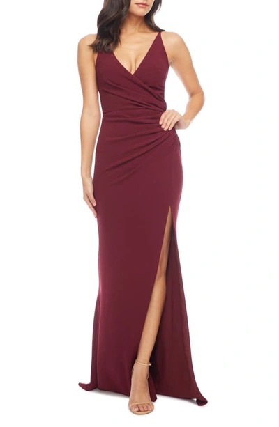 Shop Dress The Population Jordan Ruched Side Slit Gown In Burgundy