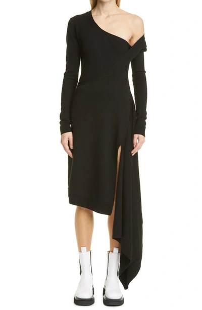 Shop Monse One-shoulder Long Sleeve Merino Wool Faux Wrap Sweater Dress In Black
