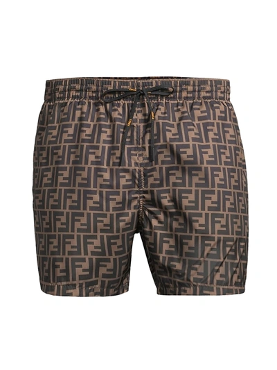 Shop Fendi Ff Logo Swim Trunks In Tobacco