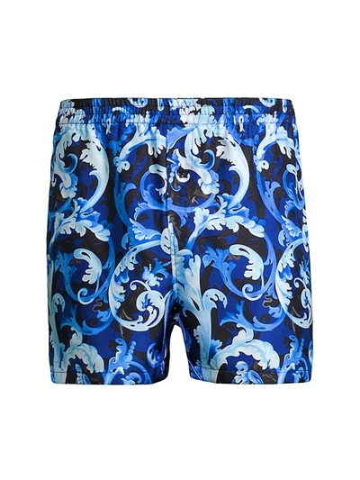 Shop Versace Baroccoflage Silk Boxers In Blue Navy