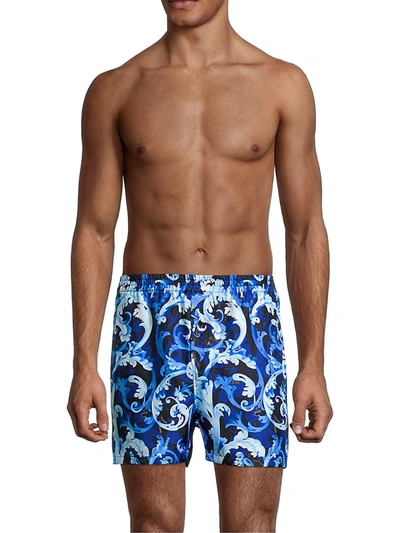 Shop Versace Baroccoflage Silk Boxers In Blue Navy