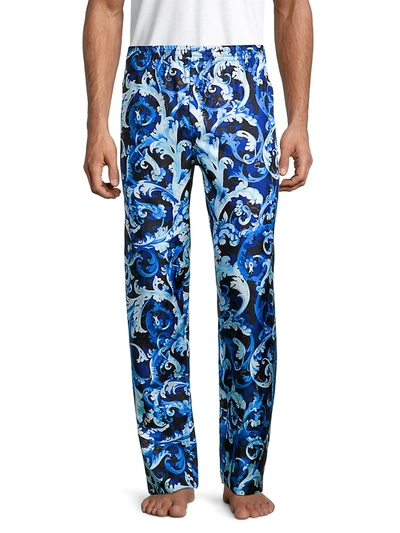 Shop Versace Men's Baroccoflage Silk Pajama Pants In Blue Navy