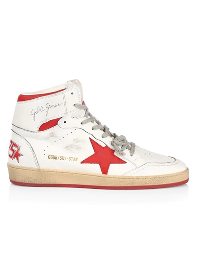 Shop Golden Goose Men's Sky Star Leather High-top Sneakers In White Red