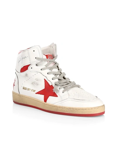 Shop Golden Goose Men's Sky Star Leather High-top Sneakers In White Red