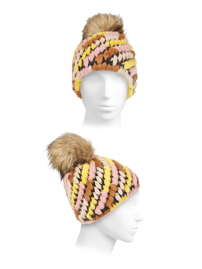 Shop Jocelyn Diagonal Faux Fur Pineapple Hat With Faux Fur Pom In Brown Multi