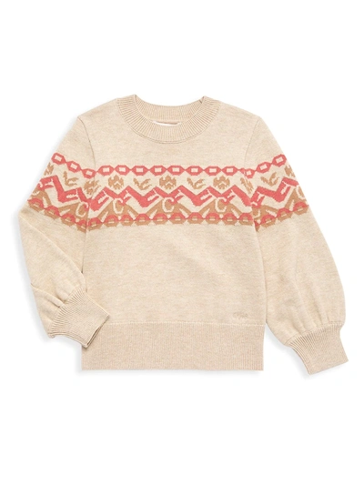 Shop Chloé Little Girl's & Girl's 'c' Logo Jacquard Sweater In Beige