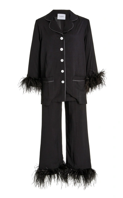 Shop Sleeper Party Feather-trimmed Woven Pajama Set In Black