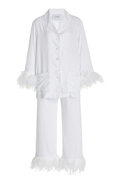 Sleeper Party Ostrich Feather-trim 2-piece Pajama Set In White