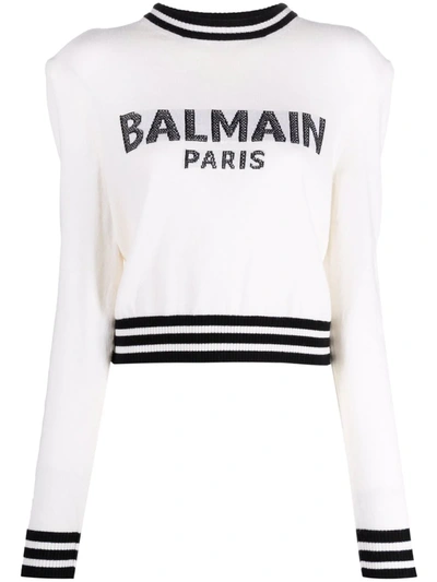 Shop Balmain Mesh-logo Cropped Knitted Jumper In Weiss