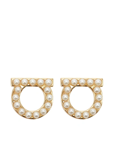 Shop Ferragamo Gancini Pearl-embellished Earrings In Gold