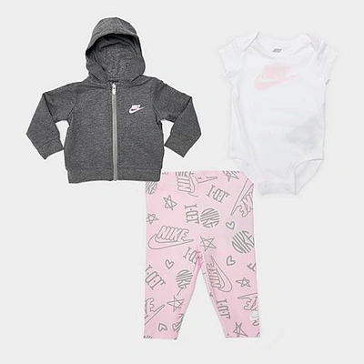 Shop Nike Girls' Infant Mini Monogram 3-piece Full-zip Hoodie, Leggings And Bodysuit Set (infants 0m-9m) In Grey/white/pink