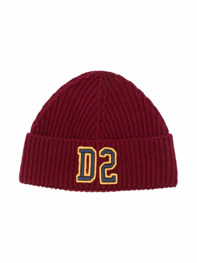 Shop Dsquared2 Ribbed-knit Logo-patch Beanie In Red