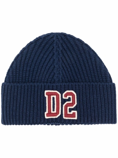 Shop Dsquared2 Ribbed-knit Logo-patch Beanie In Blue