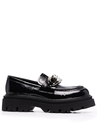 Shop Casadei Chain-trim Patent-leather Loafers In Black