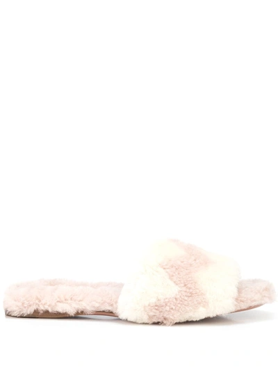 Shop Aquazzura Chevron-stripe Shearling Slippers In Pink