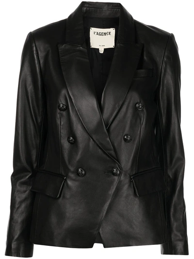 Shop L Agence Double-breasted Leather Jacket In Black