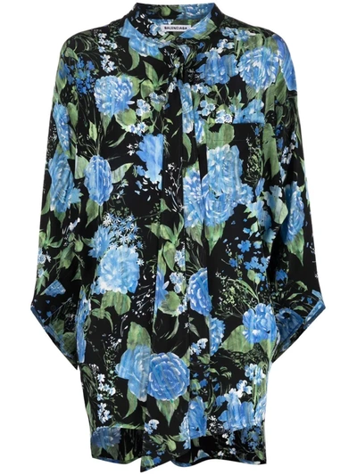 Dripping Peonies Print Oversize Tie Neck Silk Blouse In Multicolore