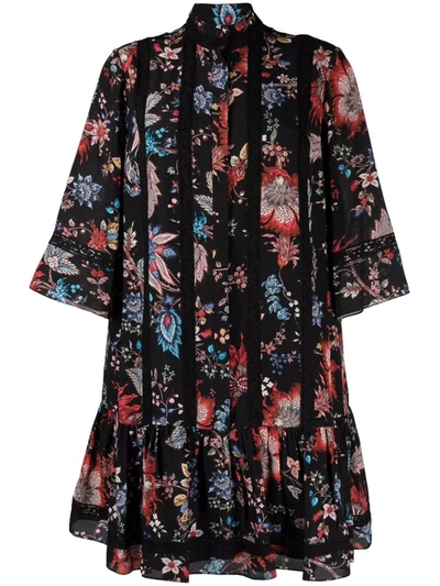 Shop Erdem Floral-print Short-sleeve Dress In Black