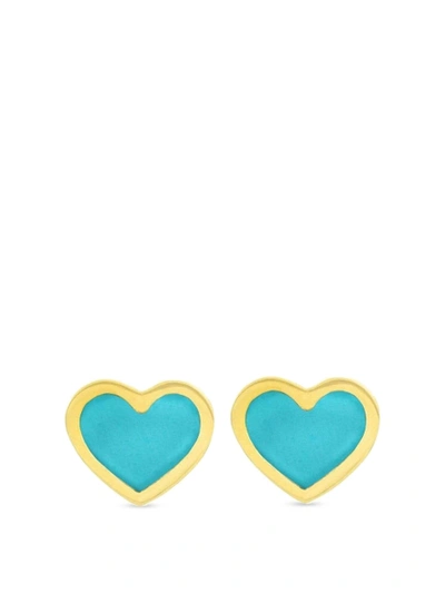 Shop Jennifer Meyer 18k Yellow Gold Extra Small Turquoise Inlay Heart Studs