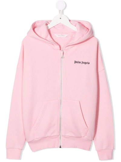 Shop Palm Angels Kids Pink Hoodie With Zip And Contrasting Logo
