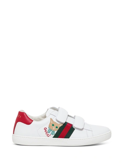 Shop Gucci New Ace Leather Sneakers With Cat Patch Detail In White