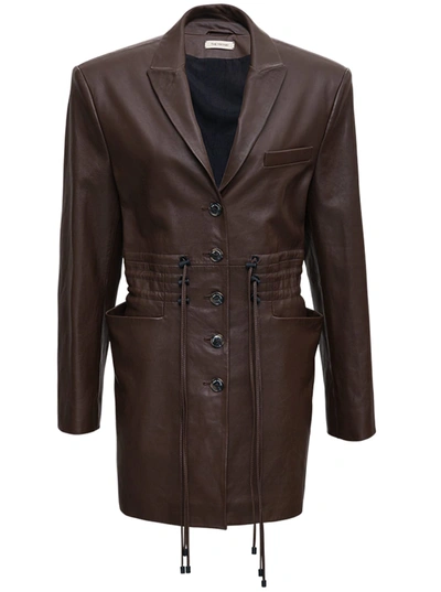 Shop The Mannei Brown Leather Jacket With Drawstring