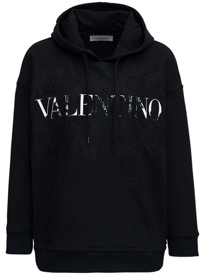 Shop Valentino Black Jersey And Lace Hoodie With Logo Print In White/black