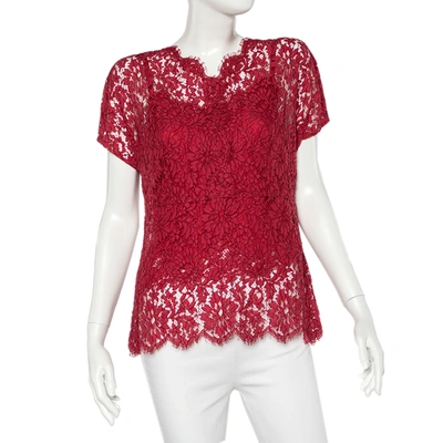 Pre-owned Dolce & Gabbana Red Floral Lace Button Detail Top L