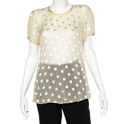 Pre-owned Giorgio Armani Yellow Polka Dot Silk Button Back Top L