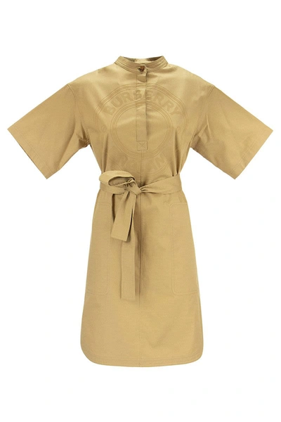 Shop Burberry Abbie - Smock Stitch Cotton Twill Dress With Graphic Logo In Honey