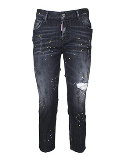 Shop Dsquared2 Paint-splatter Cropped Jeans In Black