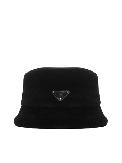Shop Prada Triangle Logo Shearling Bucket Hat In Black