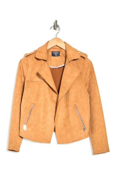 Shop T Tahari Faux Suede Crop Moto Jacket In Tobacco